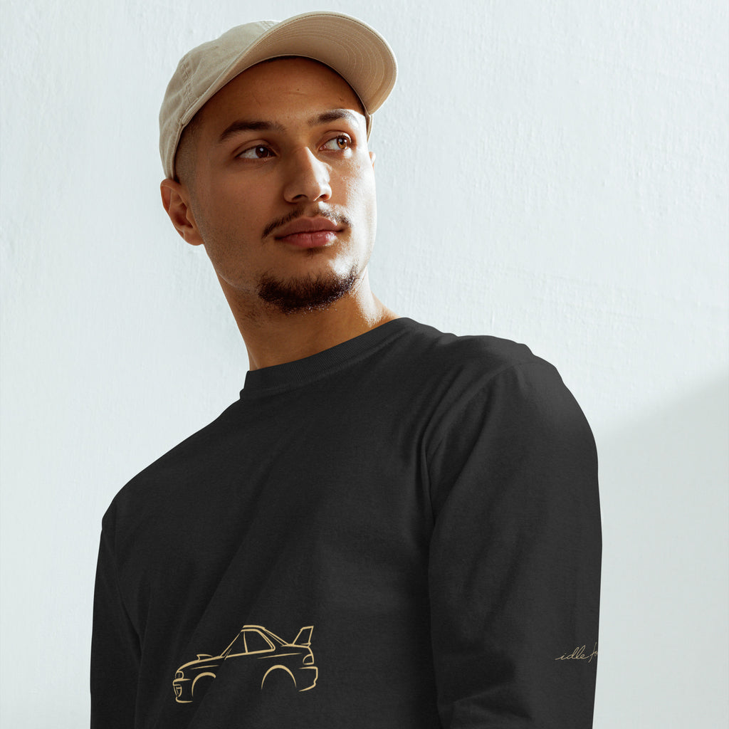 Subaru Impreza 22B Signature Long Sleeve — Gold Linework in Black — model wearing the shirt