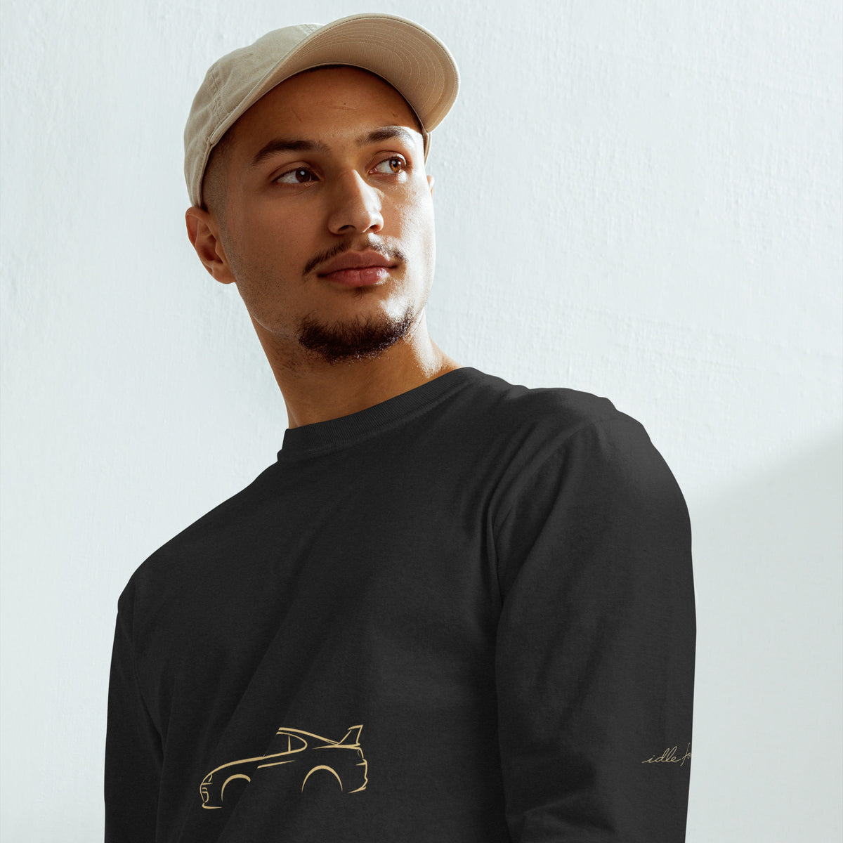 Toyota Supra (A80) Signature Long Sleeve — Gold Linework in Black — model wearing the shirt