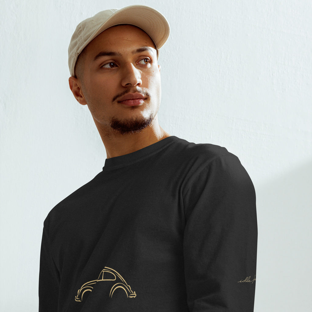 Volkswagen Beetle Signature Long Sleeve — Gold Linework in Black — model wearing the shirt