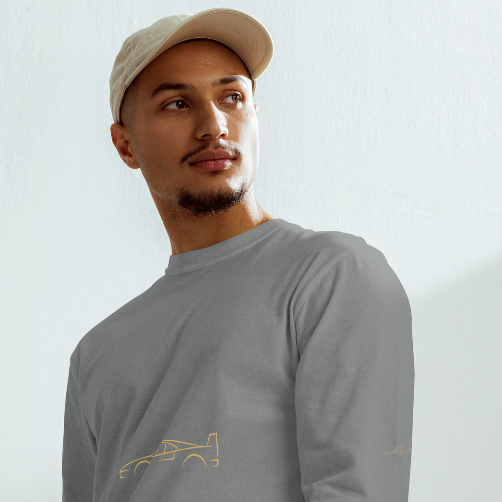 Ferrari F40 Signature Long Sleeve — Gold Linework in Grey — model wearing the shirt