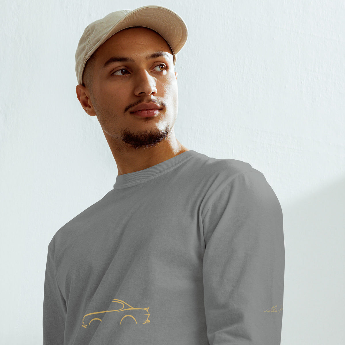 Volvo P1800 Signature Long Sleeve — Gold Linework in Grey — model wearing the shirt