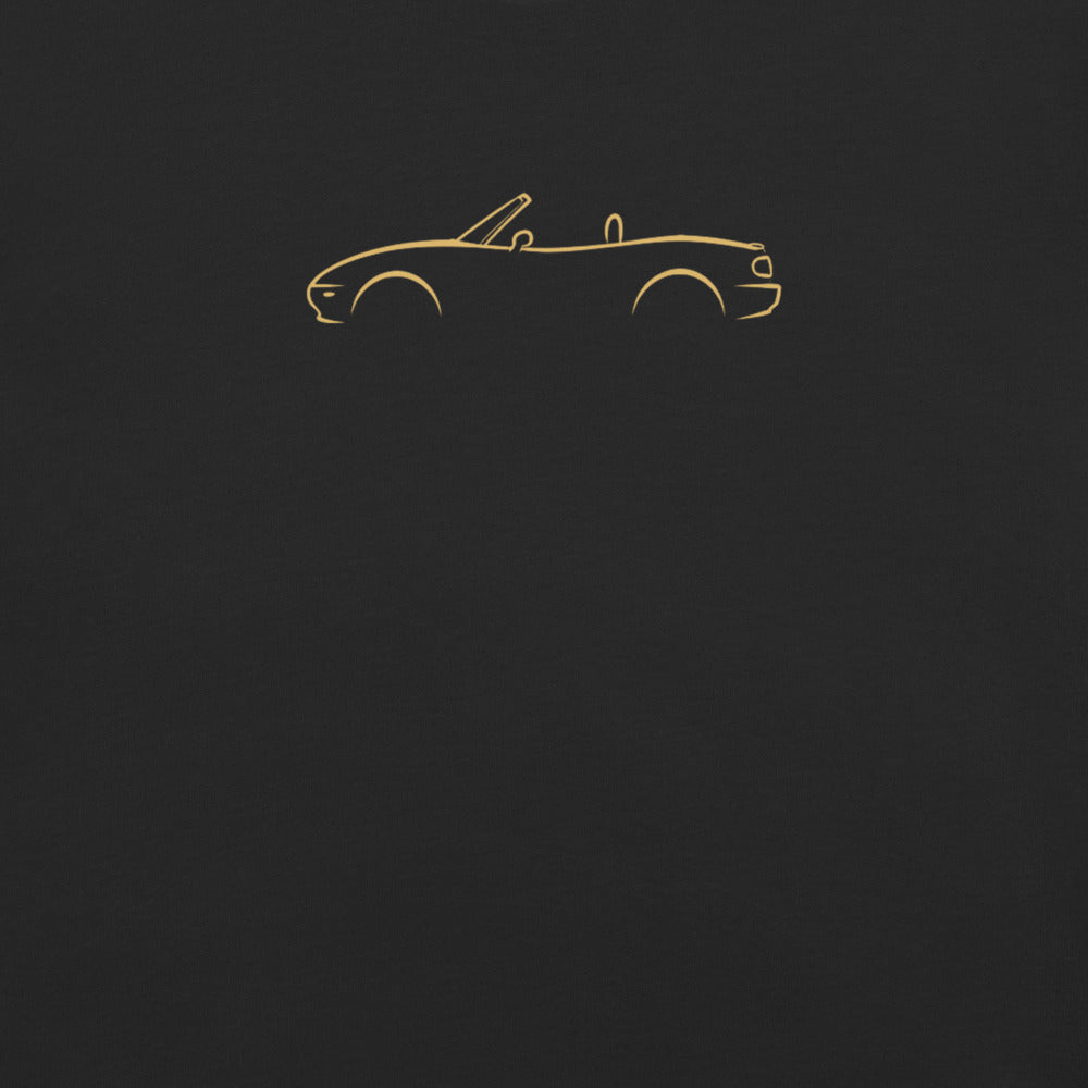 Mazda MX-5 (NA) Signature Tee in Black — close-up of the car drawing on fabric