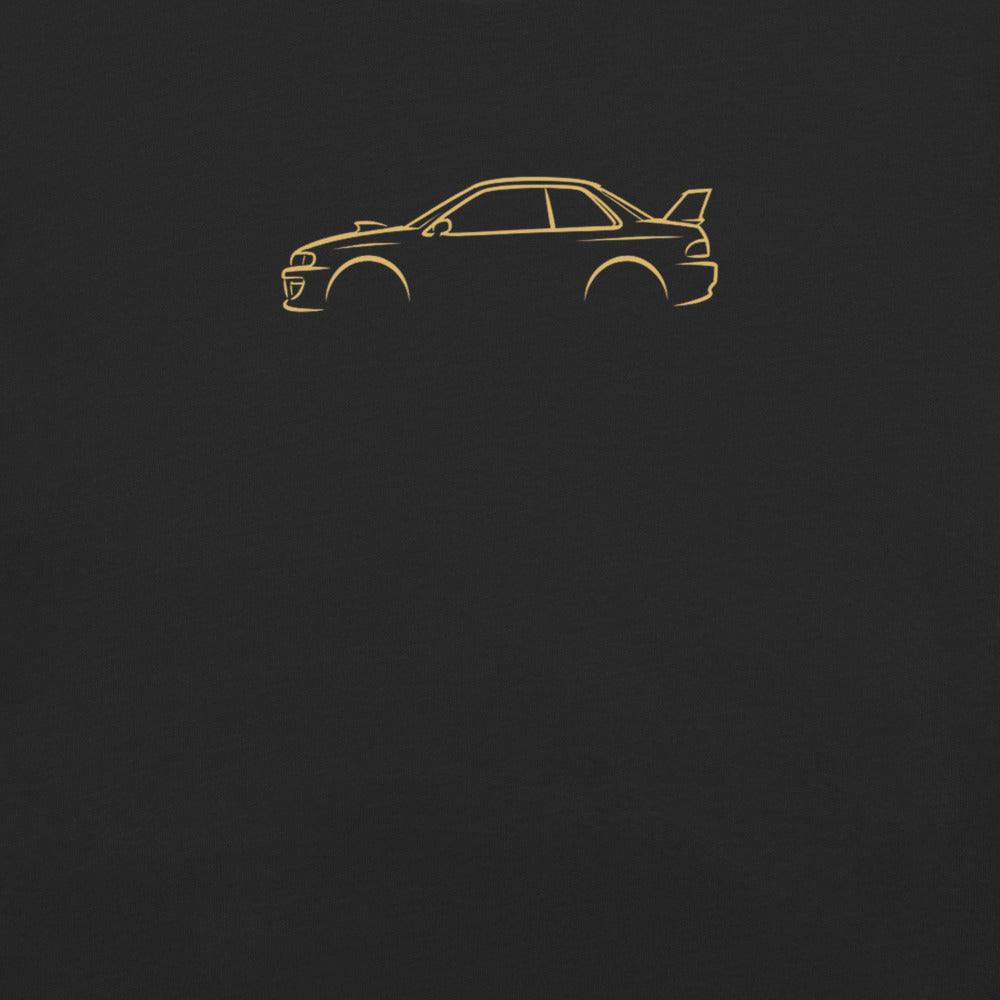 Subaru Impreza 22B Signature Tee in Black — close-up of the car drawing on fabric