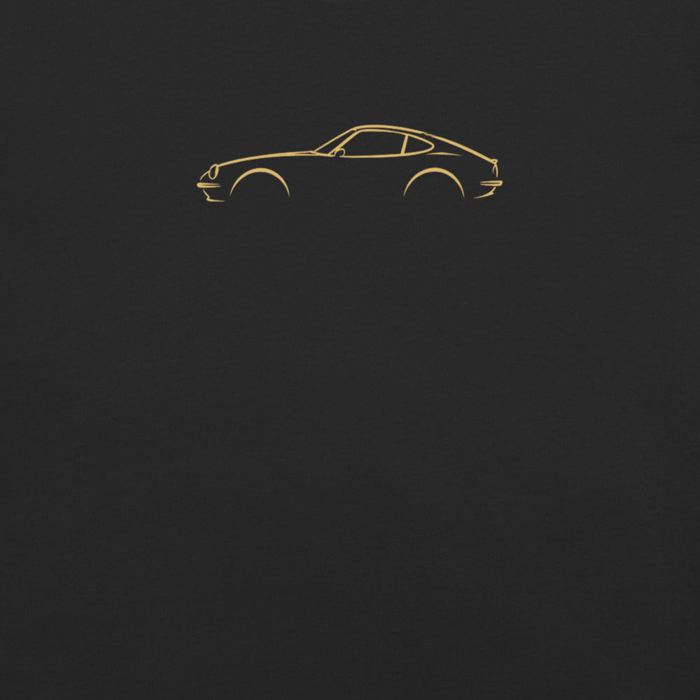 Datsun 240Z Signature Tee in Black — close-up of the car drawing on fabric