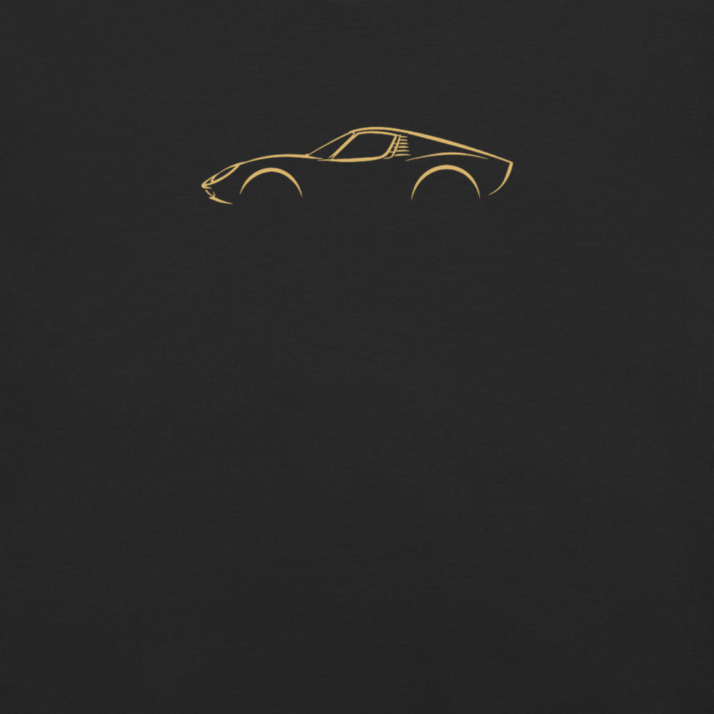 Lamborghini Miura Signature Tee in Black — close-up of the car drawing on fabric