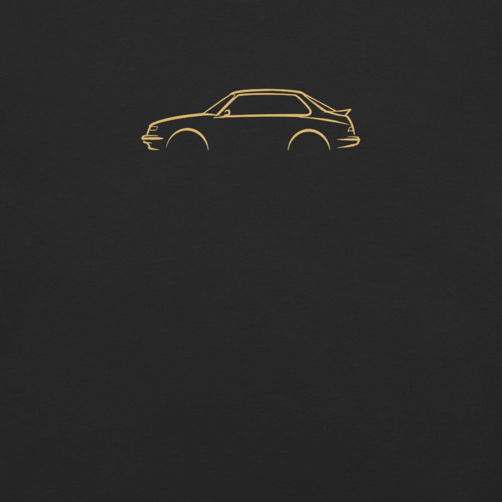 Saab 900 Turbo Signature Tee in Black — close-up of the car drawing on fabric