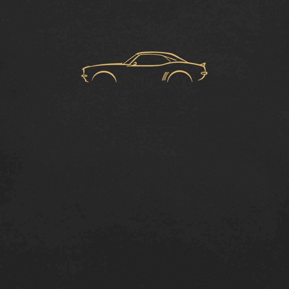 Chevrolet Camaro (1969) Signature Tee in Black — close-up of the car drawing on fabric