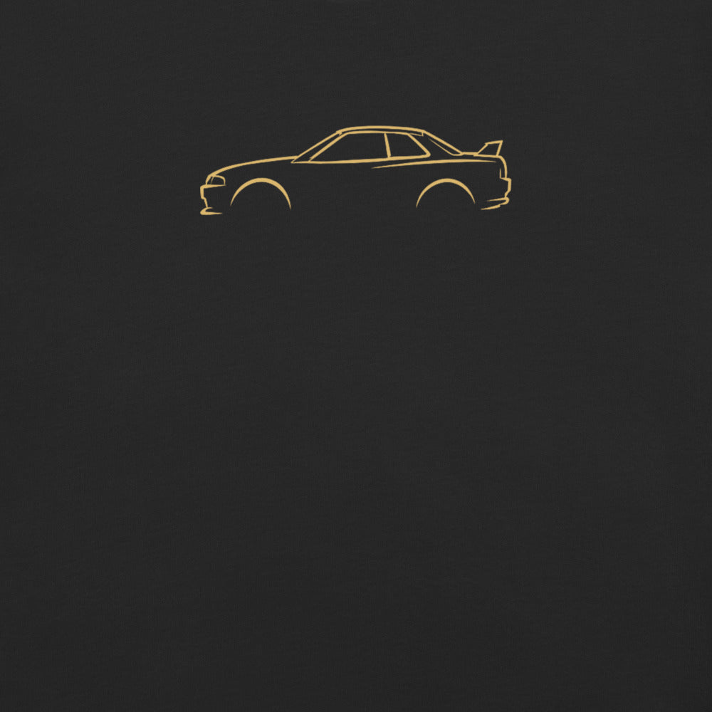 Nissan Skyline GT-R (R32) Signature Tee in Black — close-up of the car drawing on fabric