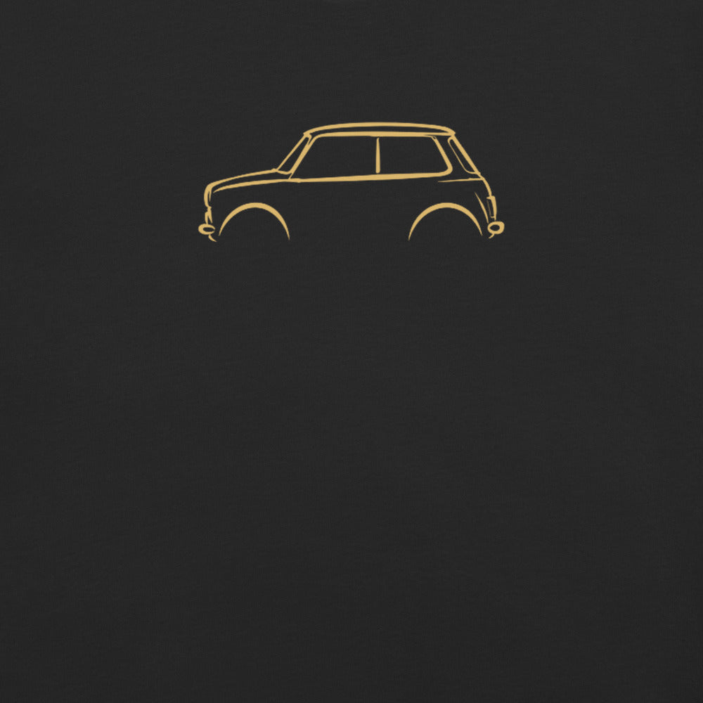 Classic Mini Cooper Signature Tee in Black — close-up of the car drawing on fabric