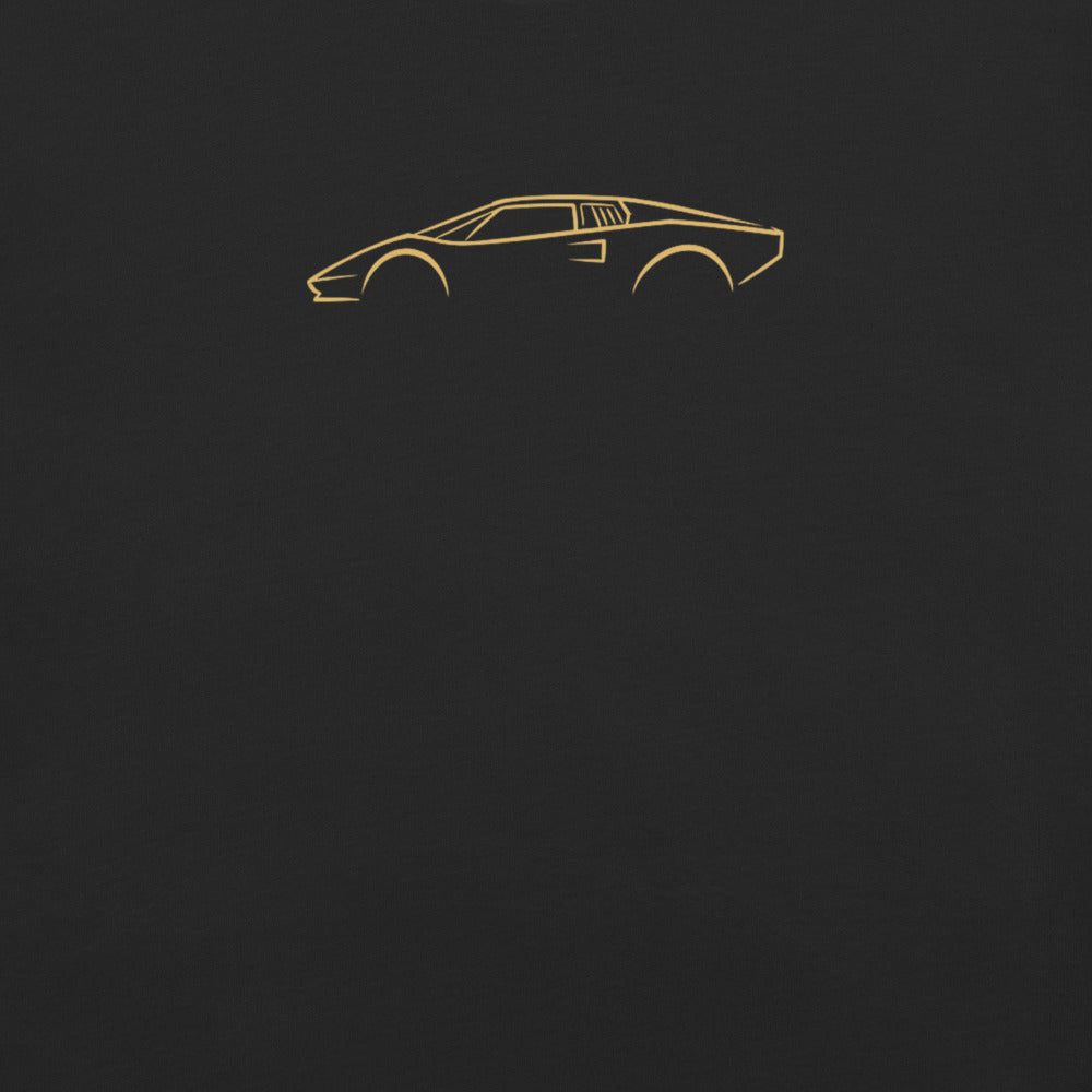 Lamborghini Countach LP400 Signature Tee in Black — close-up of the car drawing on fabric