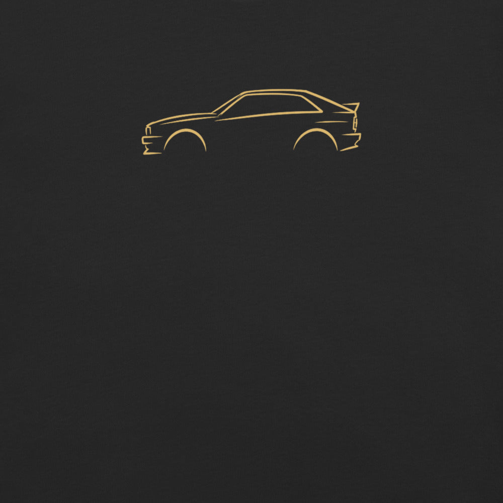 Audi Ur-quattro Signature Tee in Black — close-up of the car drawing on fabric