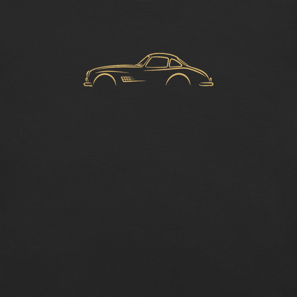 Mercedes-Benz 300 SL Signature Tee in Black — close-up of the car drawing on fabric