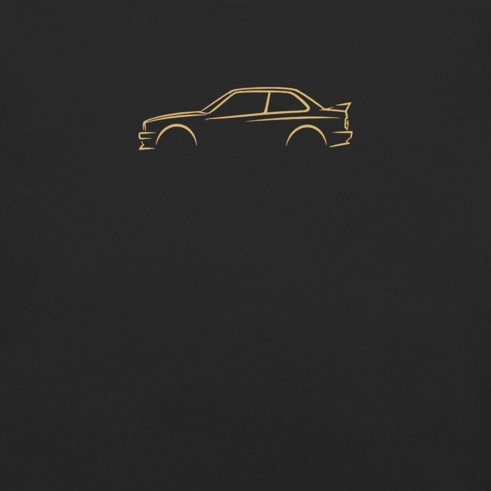 BMW M3 (E30) Signature Tee in Black — close-up of the car drawing on fabric