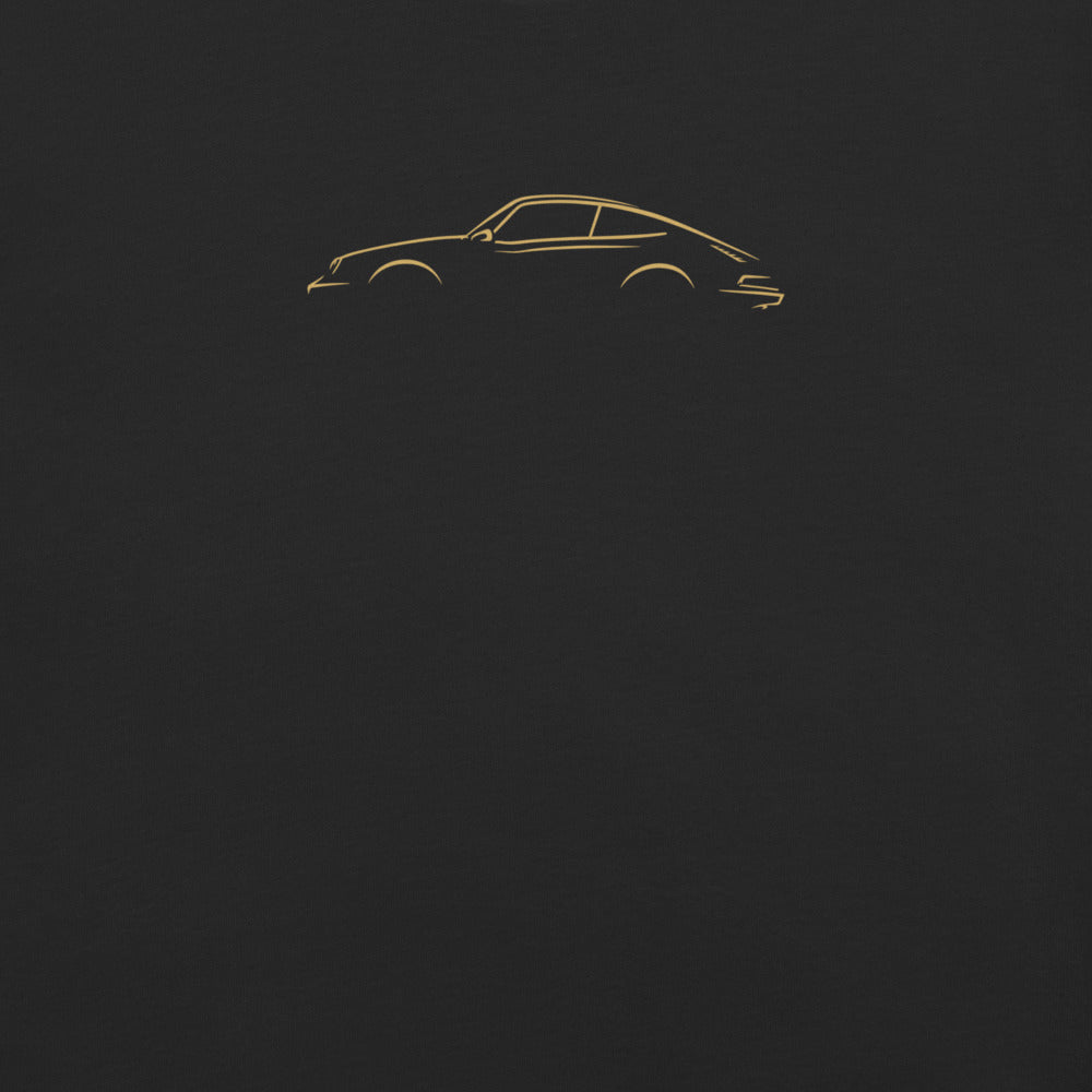 Porsche 911 (G-Series) Signature Tee in Black — close-up of the car drawing on fabric