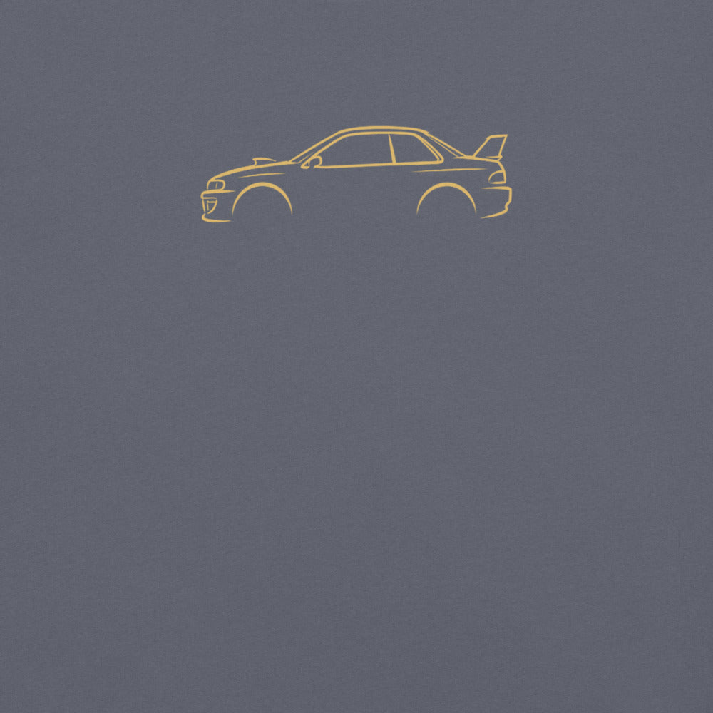 Subaru Impreza 22B Signature Tee in Denim — close-up of the car drawing on fabric