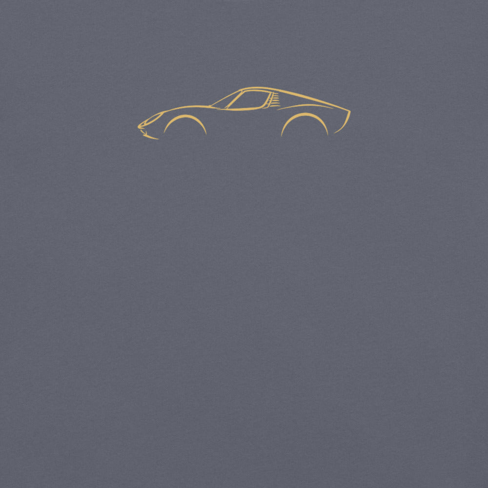 Lamborghini Miura Signature Tee in Denim — close-up of the car drawing on fabric