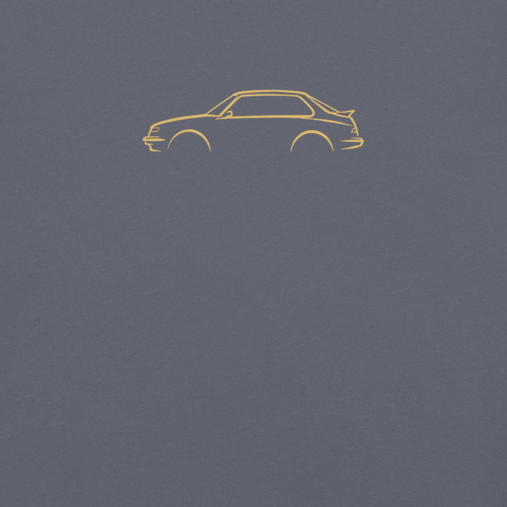 Saab 900 Turbo Signature Tee in Denim — close-up of the car drawing on fabric