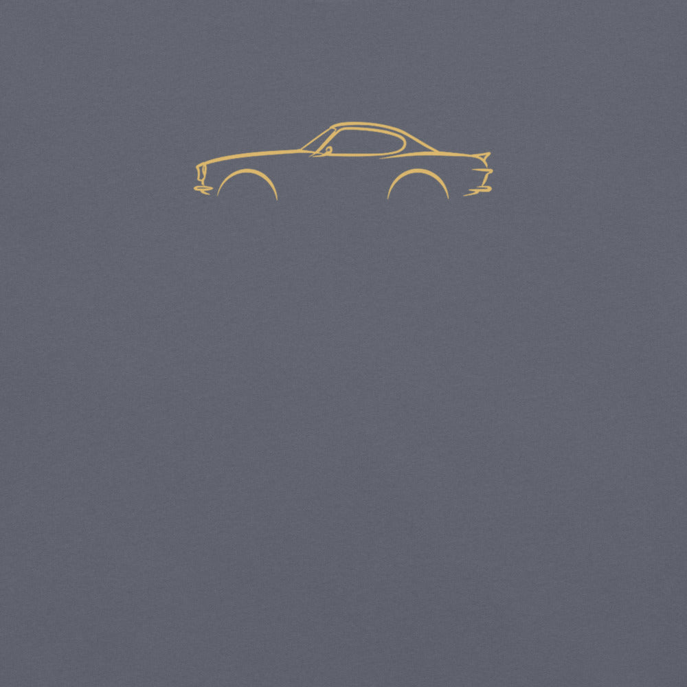 Volvo P1800 Signature Tee in Denim — close-up of the car drawing on fabric
