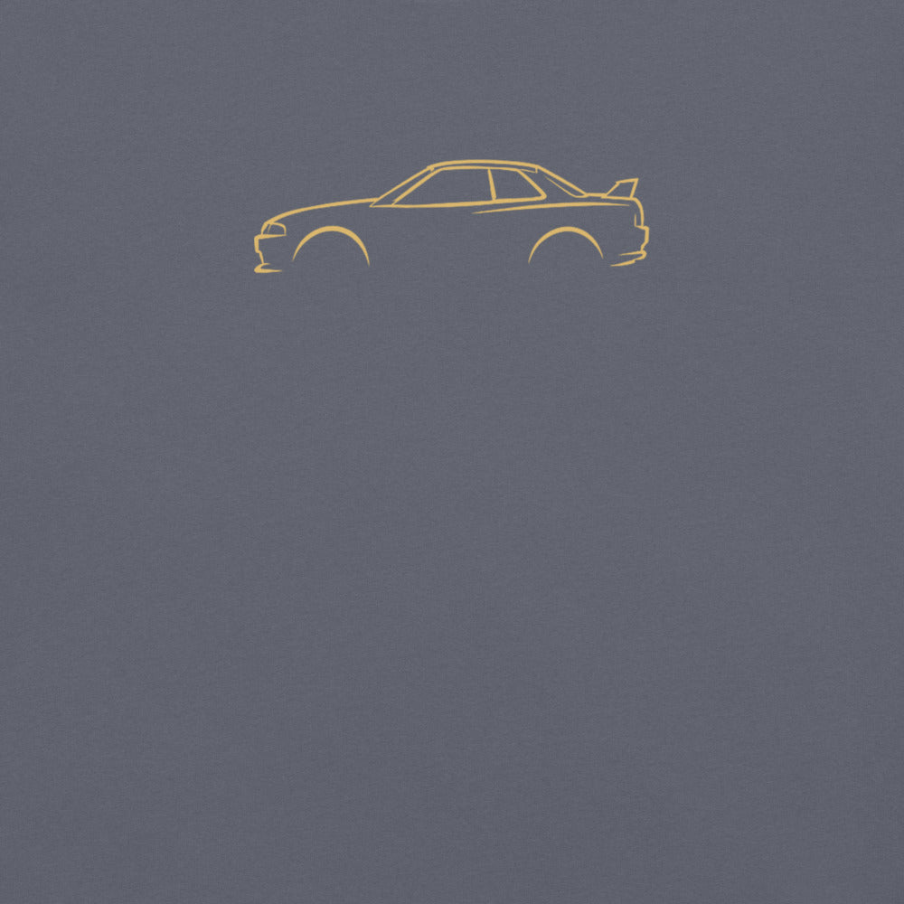 Nissan Skyline GT-R (R32) Signature Tee in Denim — close-up of the car drawing on fabric