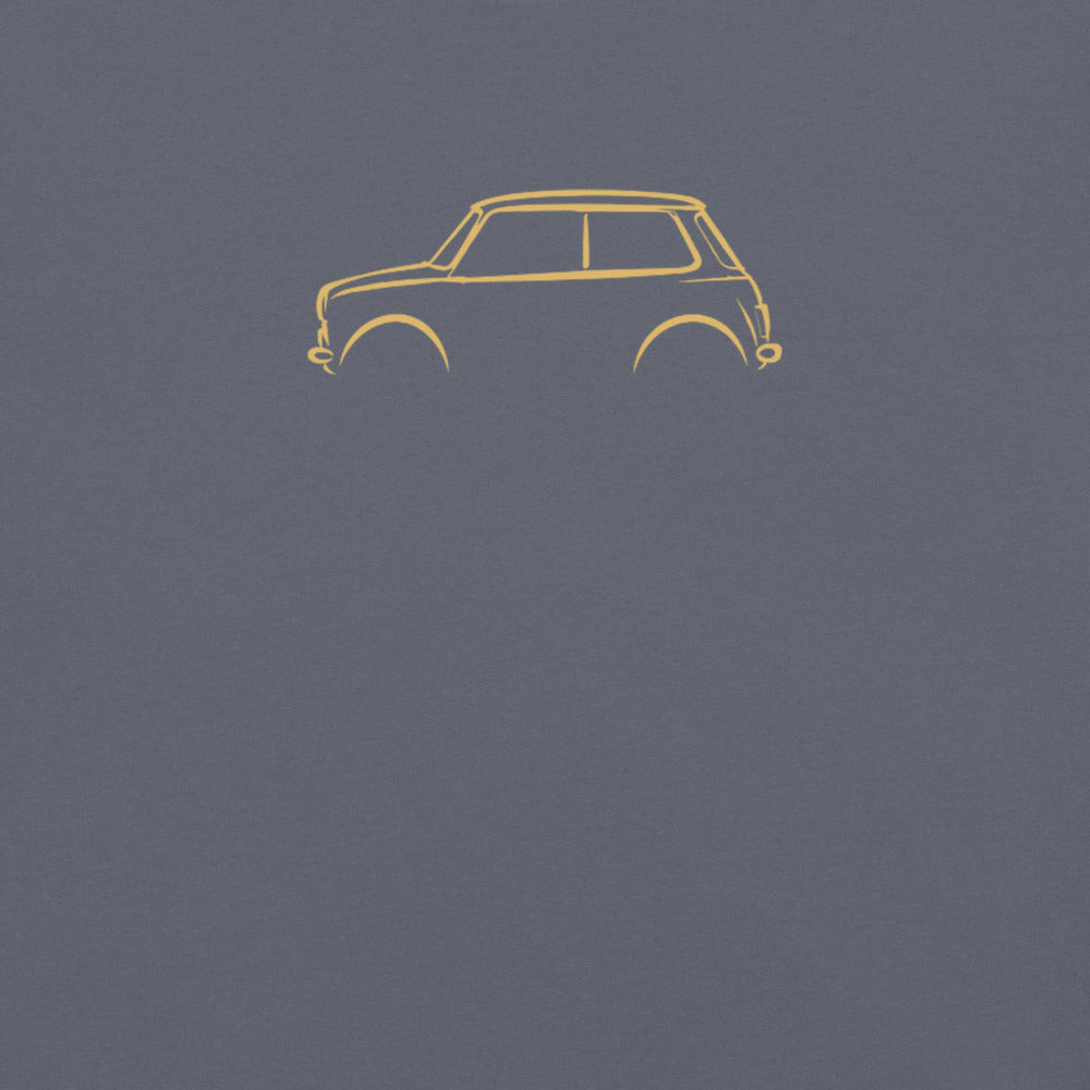 Classic Mini Cooper Signature Tee in Denim — close-up of the car drawing on fabric