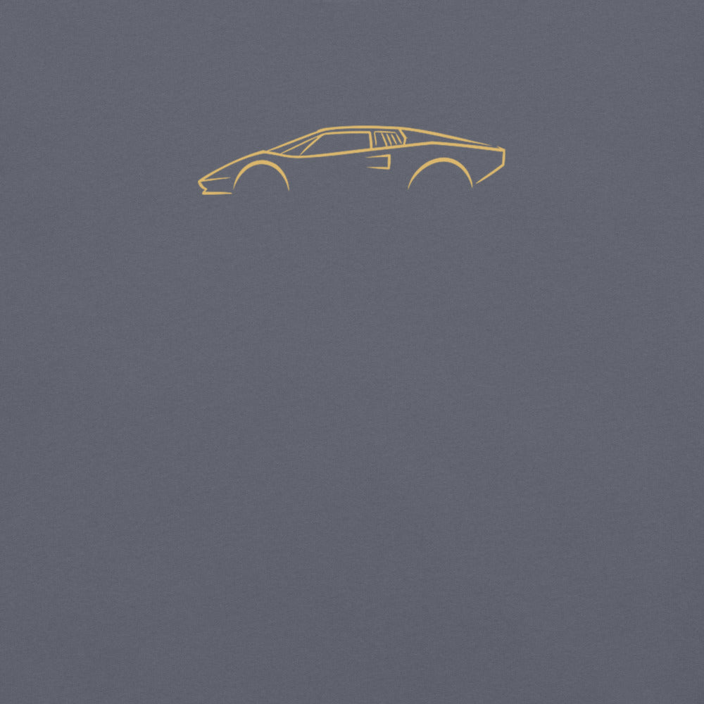 Lamborghini Countach LP400 Signature Tee in Denim — close-up of the car drawing on fabric