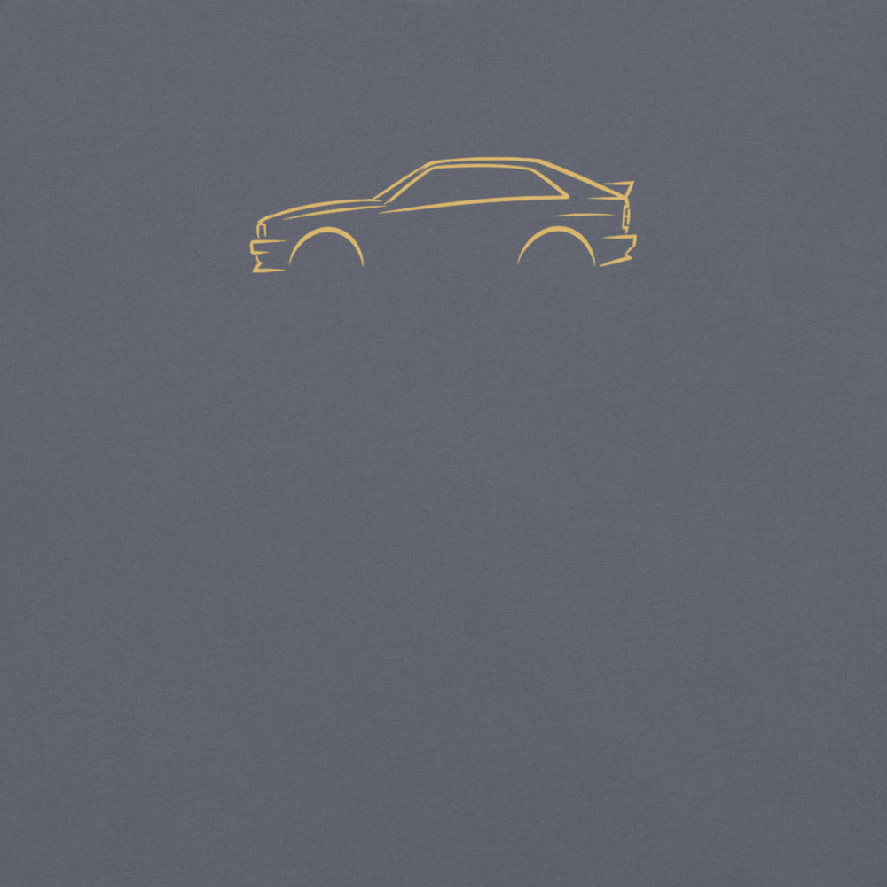 Audi Ur-quattro Signature Tee in Denim — close-up of the car drawing on fabric