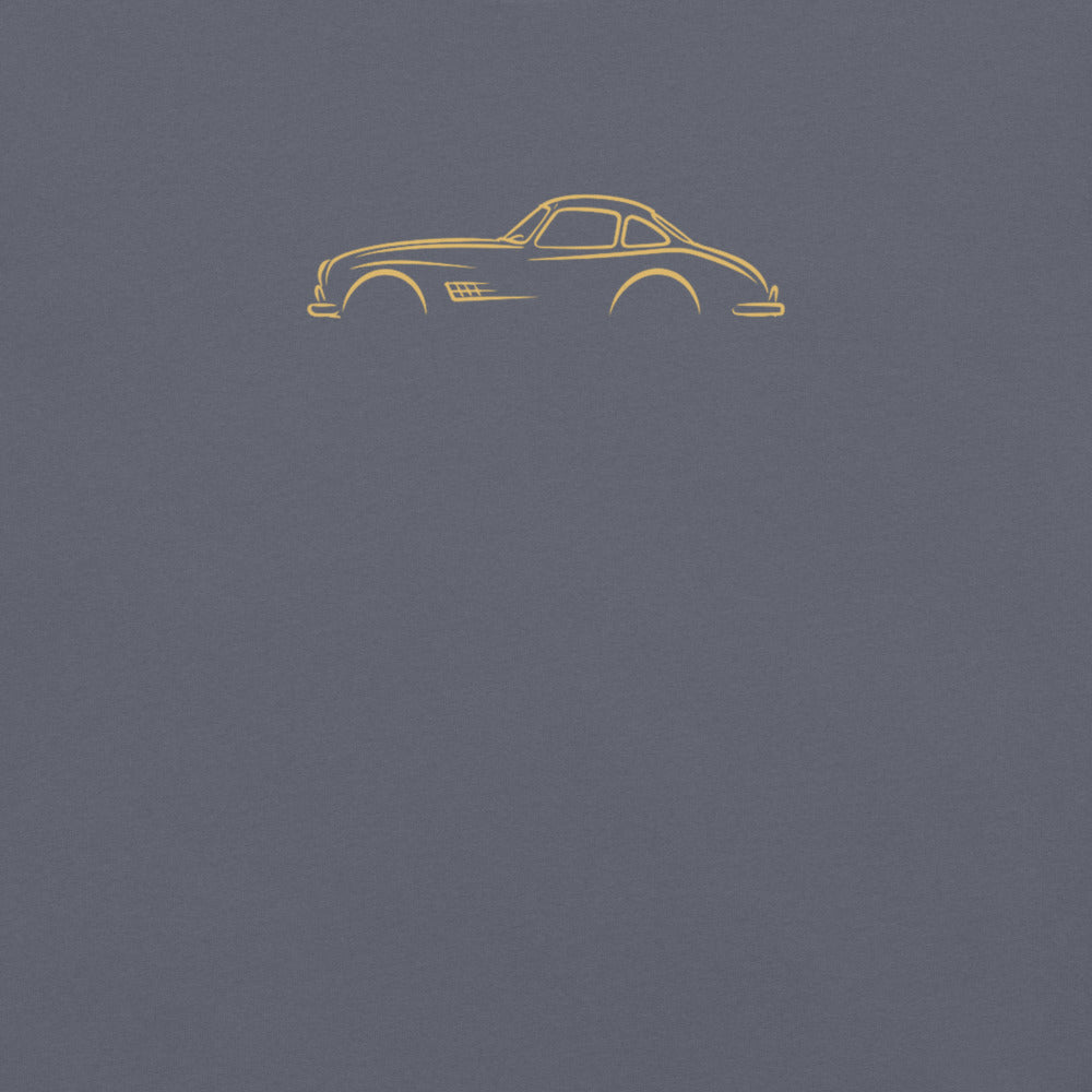 Mercedes-Benz 300 SL Signature Tee in Denim — close-up of the car drawing on fabric