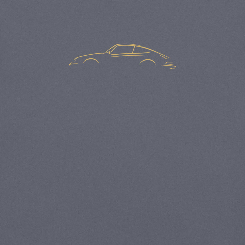 Porsche 911 (G-Series) Signature Tee in Denim — close-up of the car drawing on fabric