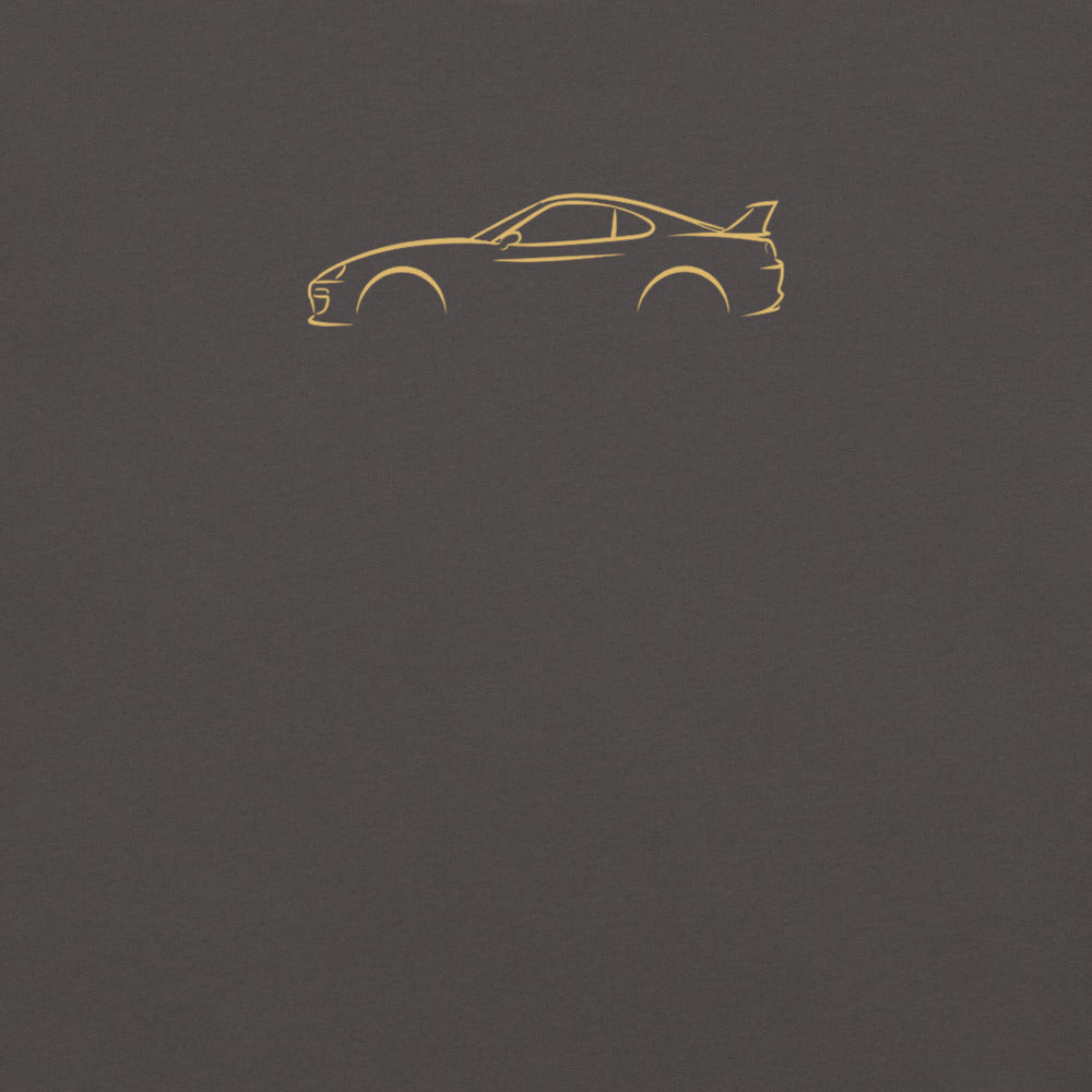 Toyota Supra (A80) Signature Tee in Graphite — close-up of the car drawing on fabric