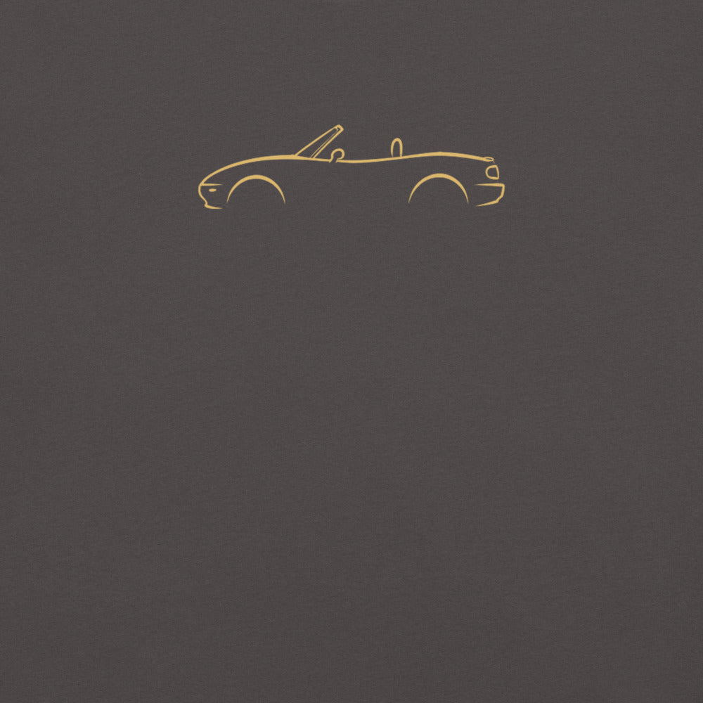 Mazda MX-5 (NA) Signature Tee in Graphite — close-up of the car drawing on fabric