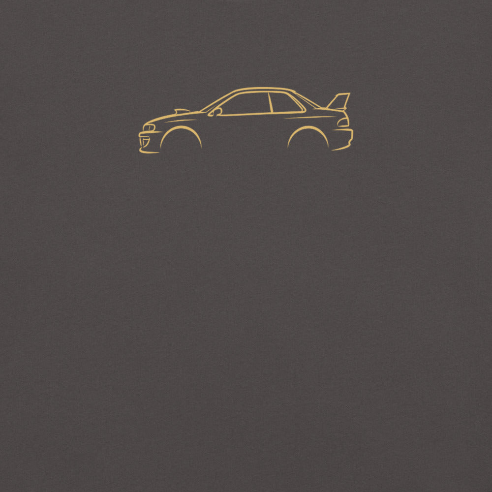 Subaru Impreza 22B Signature Tee in Graphite — close-up of the car drawing on fabric