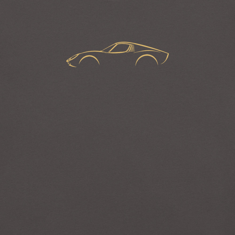 Lamborghini Miura Signature Tee in Graphite — close-up of the car drawing on fabric