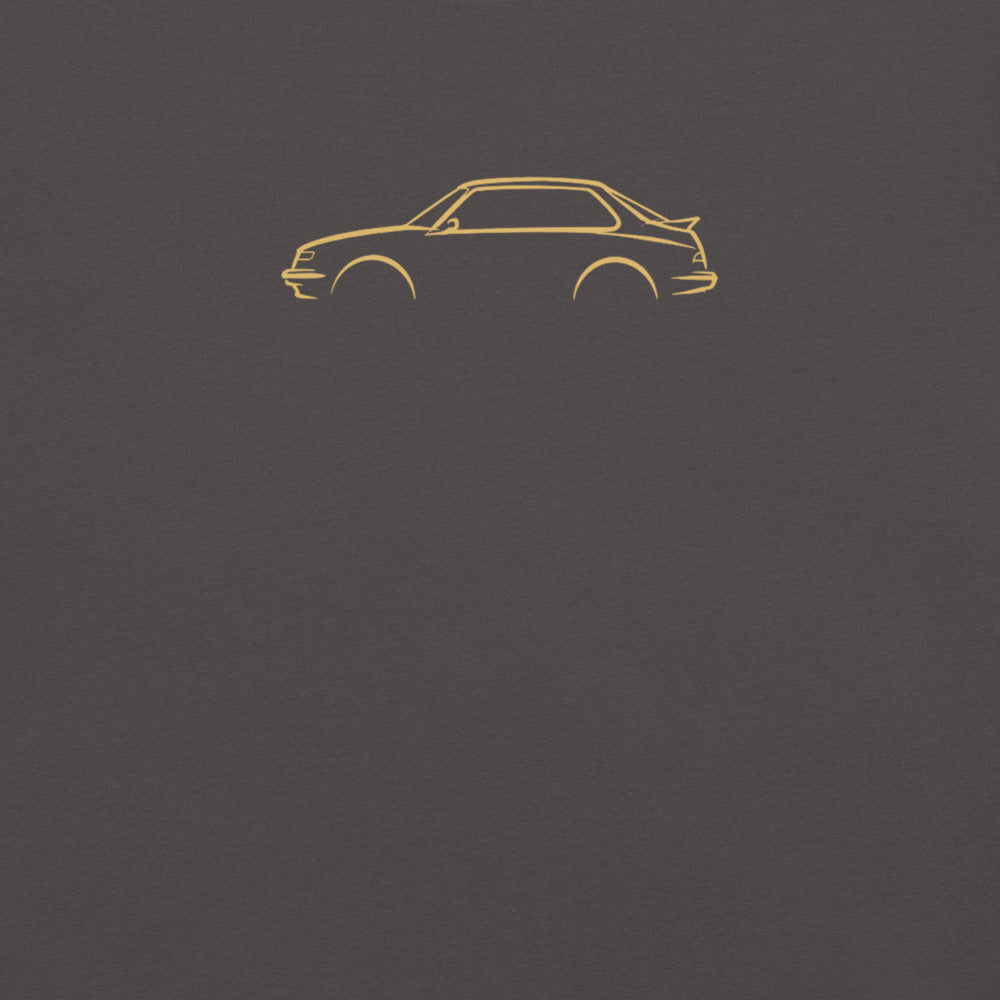 Saab 900 Turbo Signature Tee in Graphite — close-up of the car drawing on fabric
