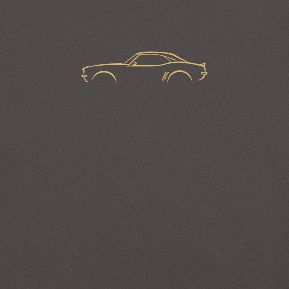 Chevrolet Camaro (1969) Signature Tee in Graphite — close-up of the car drawing on fabric