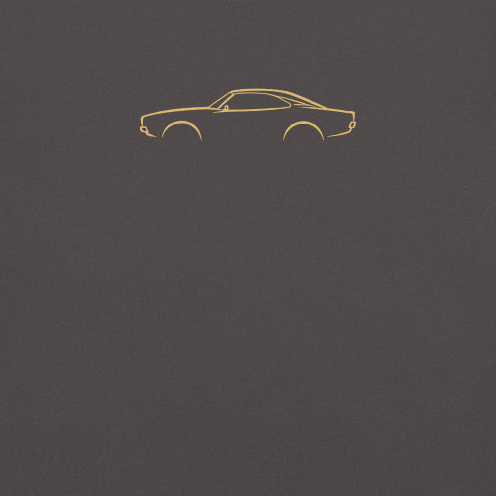 Dodge Charger (1969) Signature Tee in Graphite — close-up of the car drawing on fabric