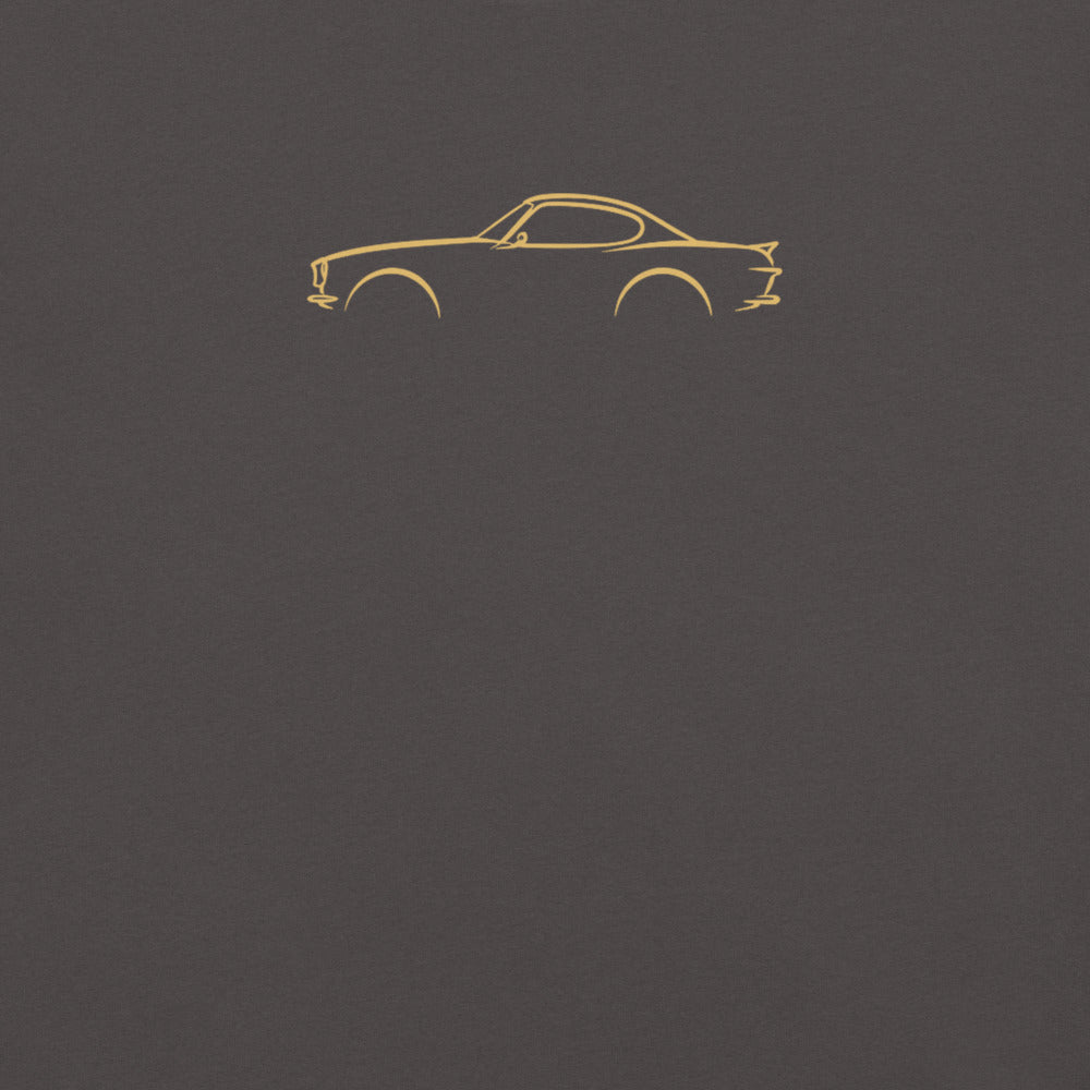Volvo P1800 Signature Tee in Graphite — close-up of the car drawing on fabric
