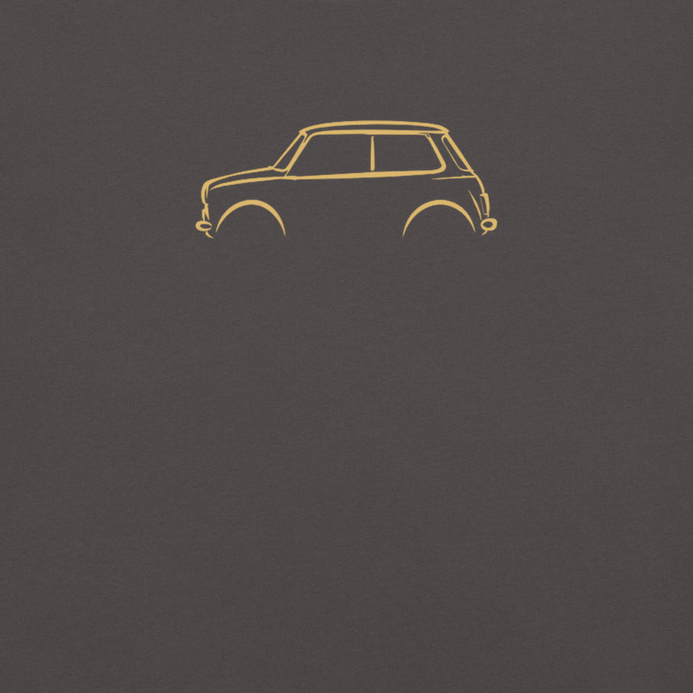Classic Mini Cooper Signature Tee in Graphite — close-up of the car drawing on fabric