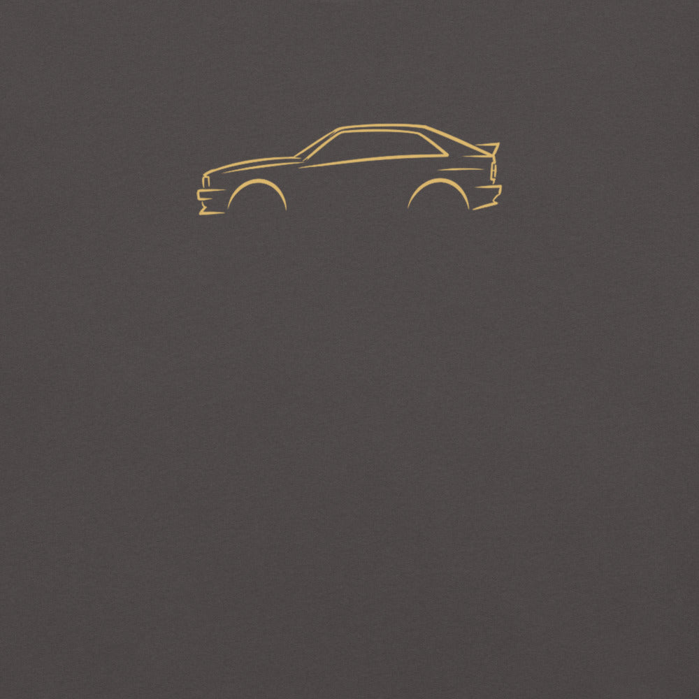 Audi Ur-quattro Signature Tee in Graphite — close-up of the car drawing on fabric