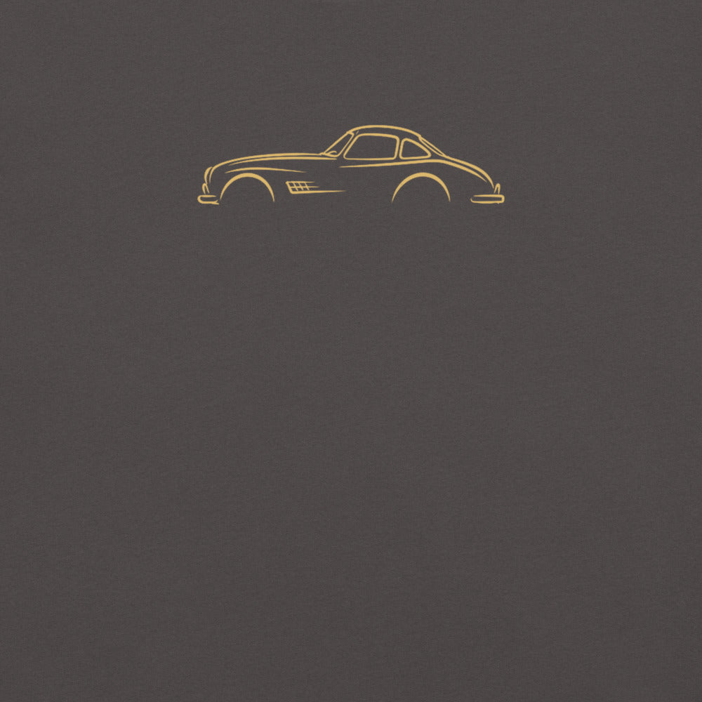 Mercedes-Benz 300 SL Signature Tee in Graphite — close-up of the car drawing on fabric
