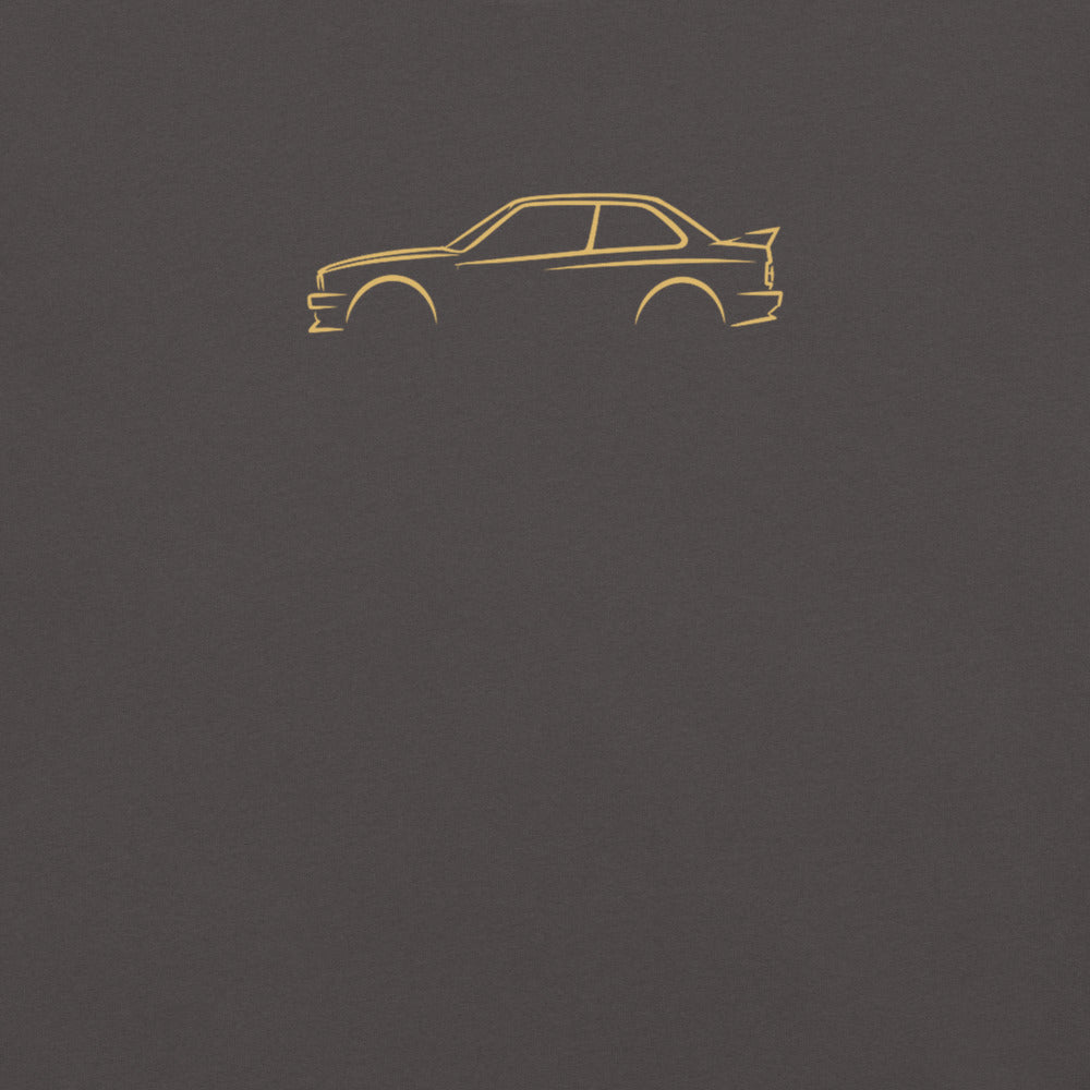 BMW M3 (E30) Signature Tee in Graphite — close-up of the car drawing on fabric