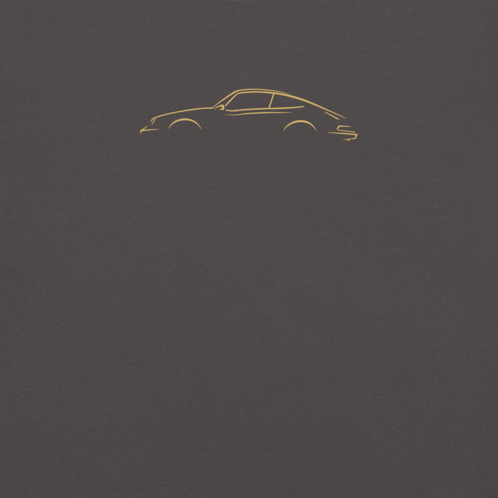 Porsche 911 (G-Series) Signature Tee in Graphite — close-up of the car drawing on fabric
