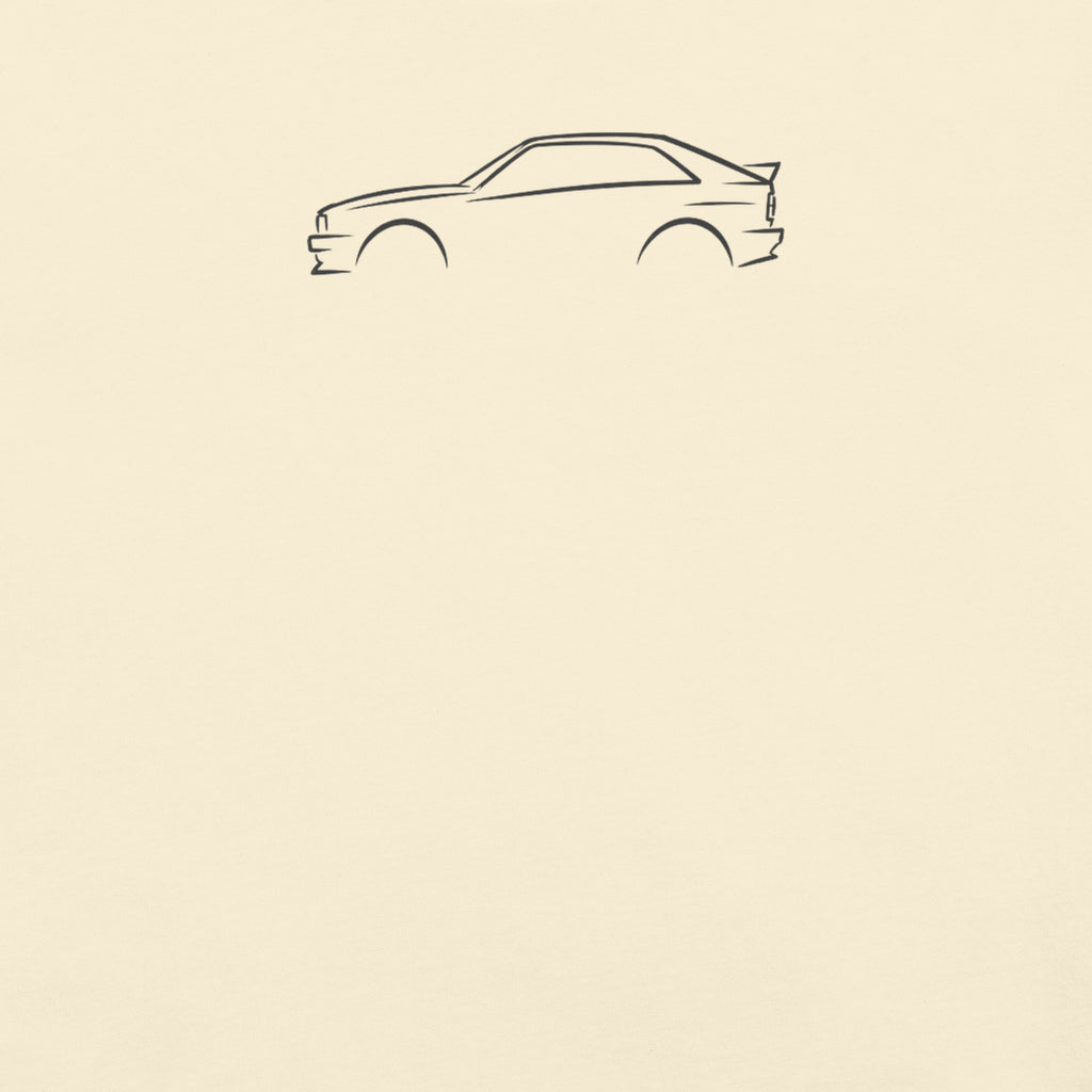 Audi Ur-quattro Signature Tee — Additional Colors in Ivory — close-up of charcoal car drawing on fabric