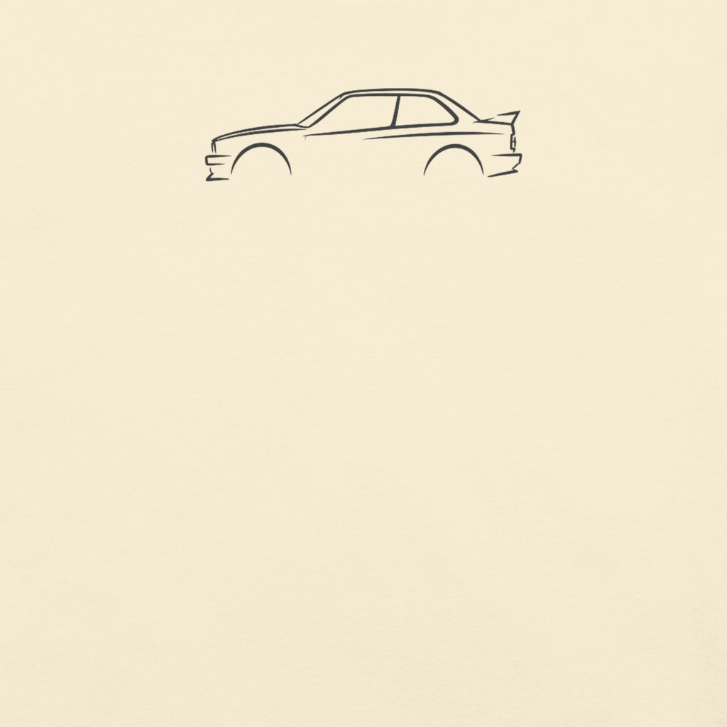 BMW M3 (E30) Signature Tee — Additional Colors in Ivory — close-up of charcoal car drawing on fabric