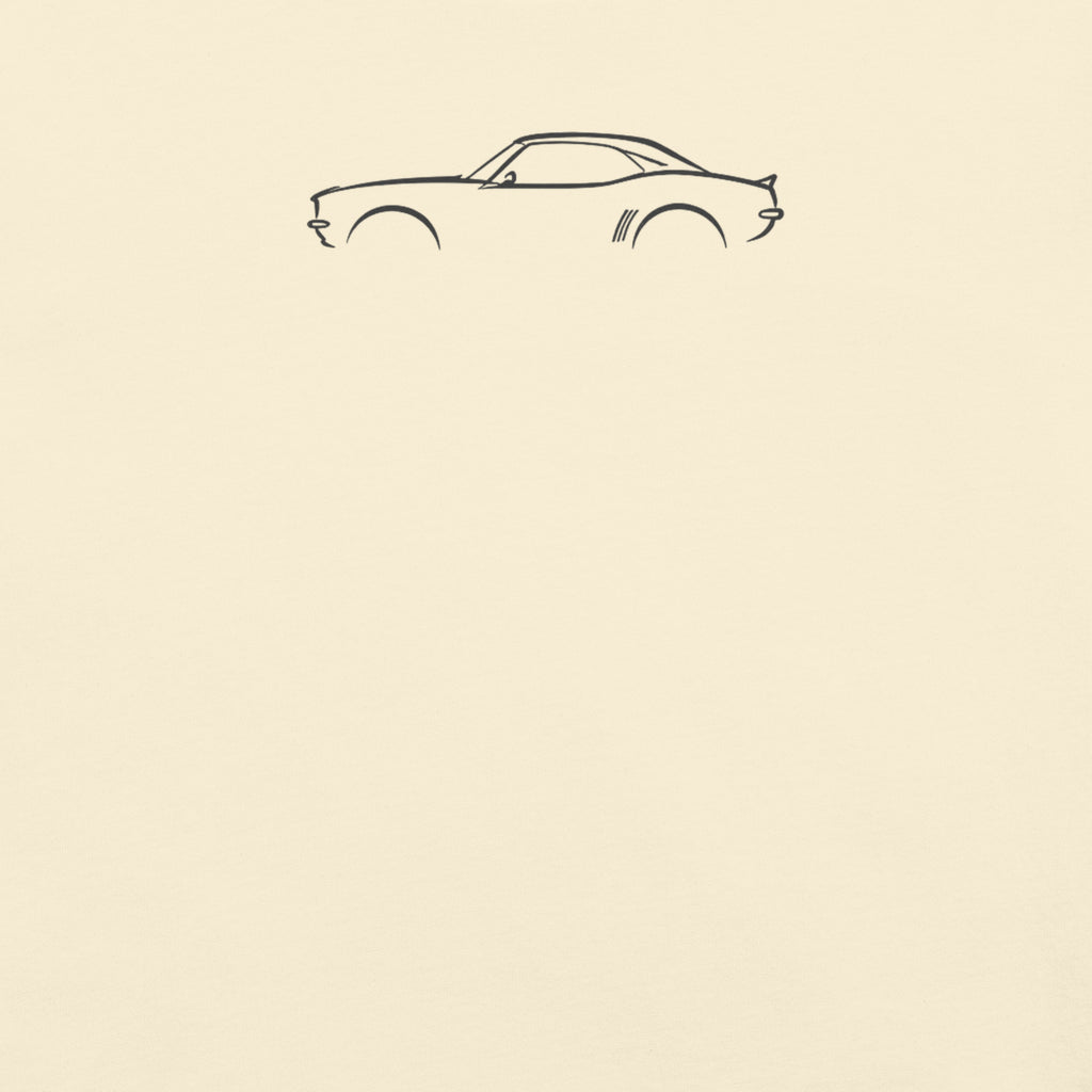 Chevrolet Camaro (1969) Signature Tee — Additional Colors in Ivory — close-up of charcoal car drawing on fabric
