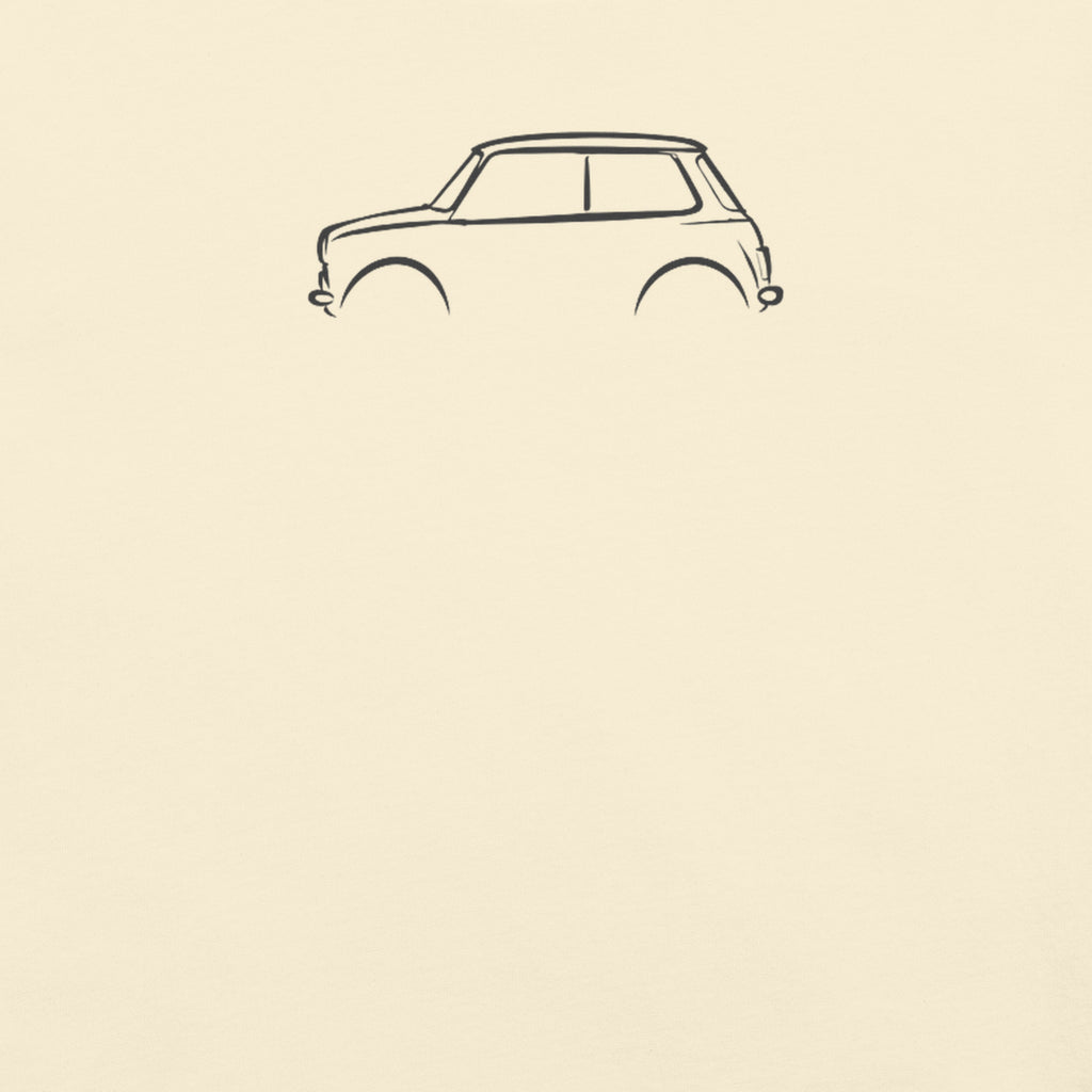 Classic Mini Cooper Signature Tee — Additional Colors in Ivory — close-up of charcoal car drawing on fabric