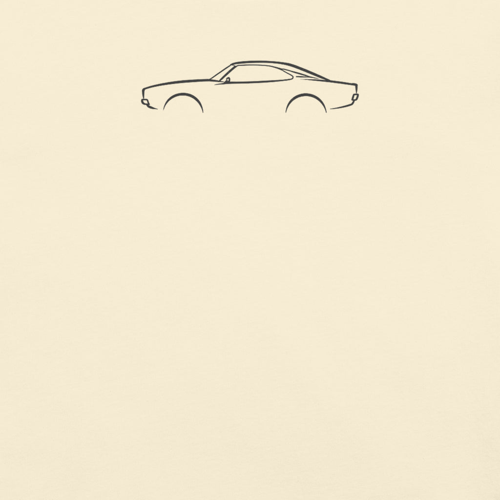Dodge Charger (1969) Signature Tee — Additional Colors in Ivory — close-up of charcoal car drawing on fabric