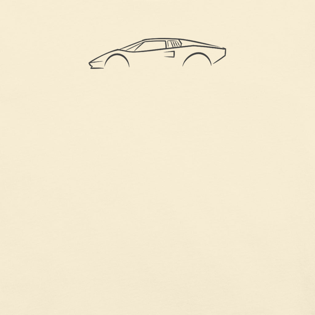 Lamborghini Countach LP400 Signature Tee — Additional Colors in Ivory — close-up of charcoal car drawing on fabric