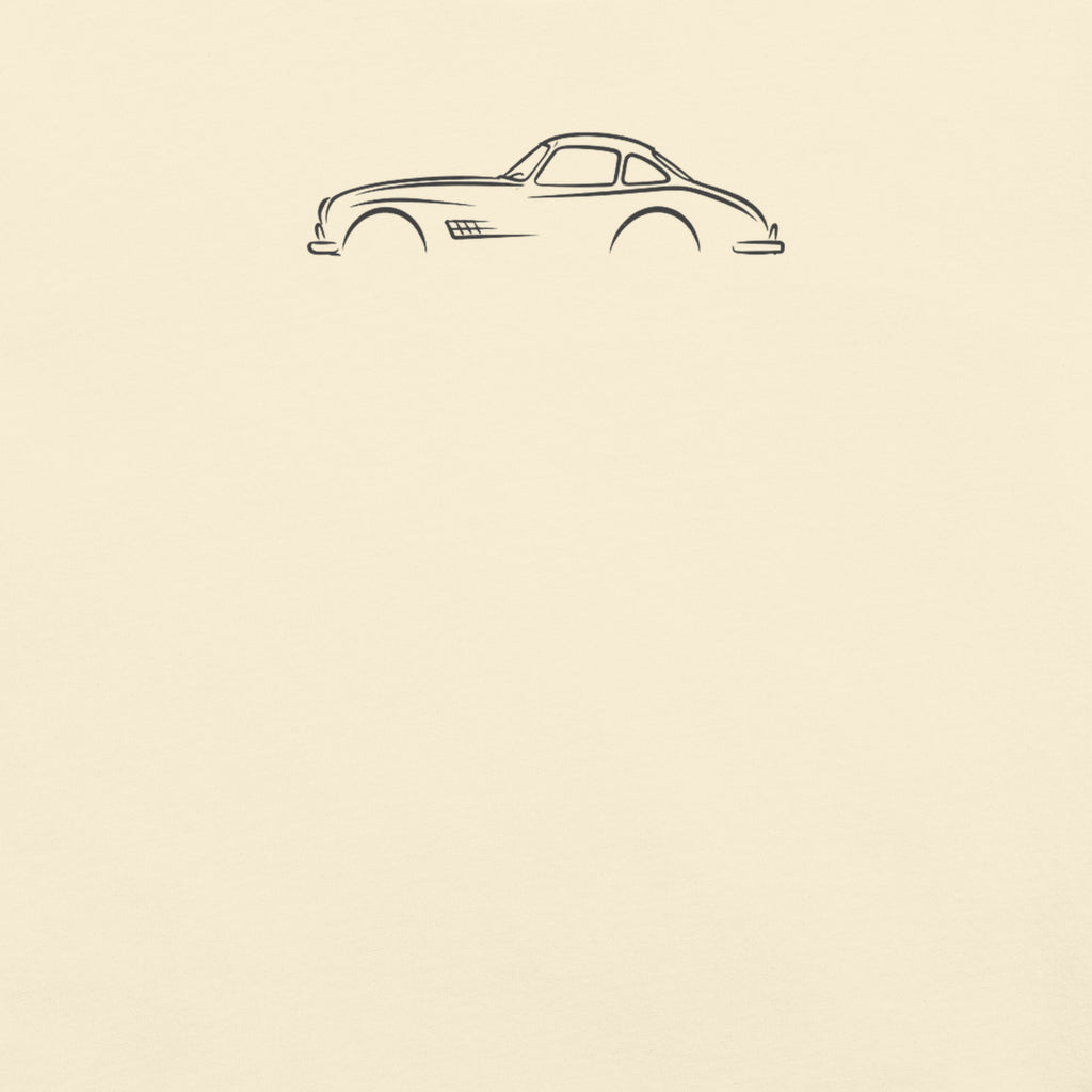 Mercedes-Benz 300 SL Signature Tee — Additional Colors in Ivory — close-up of charcoal car drawing on fabric