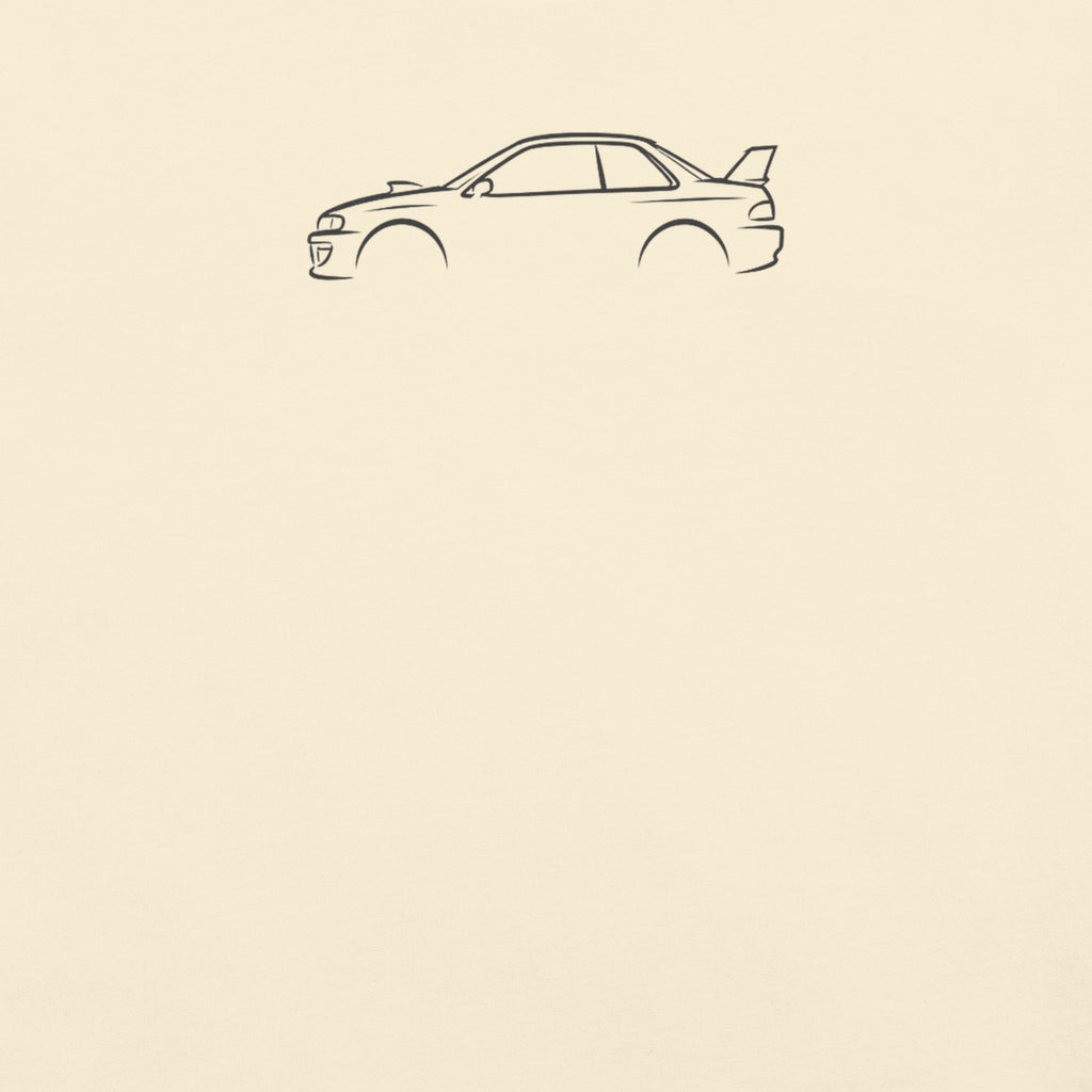 Subaru Impreza 22B Signature Tee — Additional Colors in Ivory — close-up of charcoal car drawing on fabric