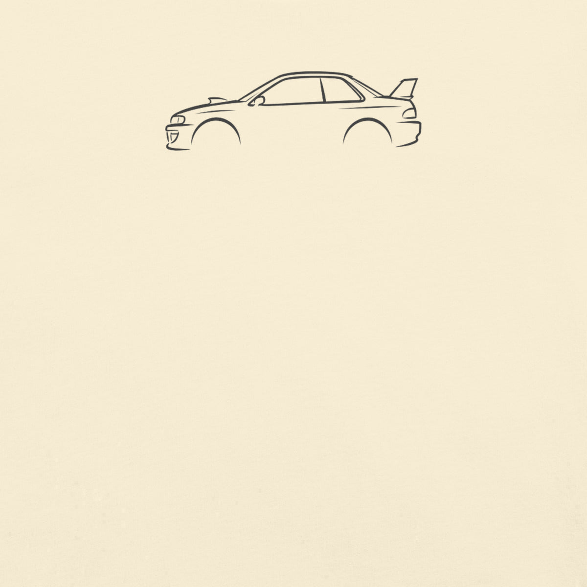 Subaru Impreza 22B Signature Tee — Additional Colors in Ivory — close-up of charcoal car drawing on fabric